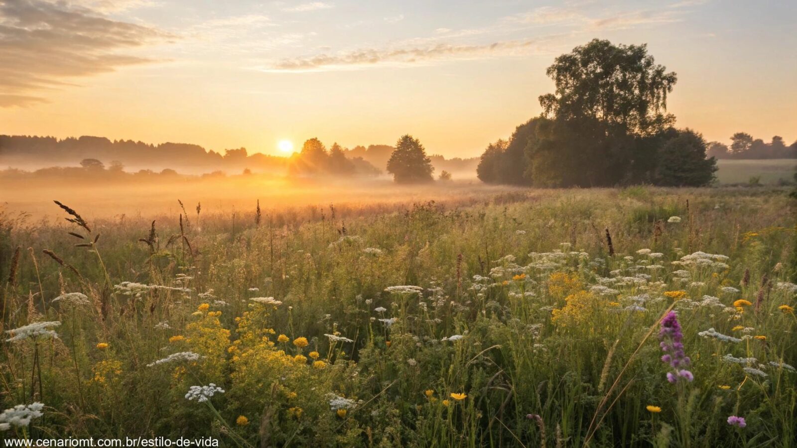 Nascer do sol tranquilo sobre um campo florido, transmitindo paz e inspiração