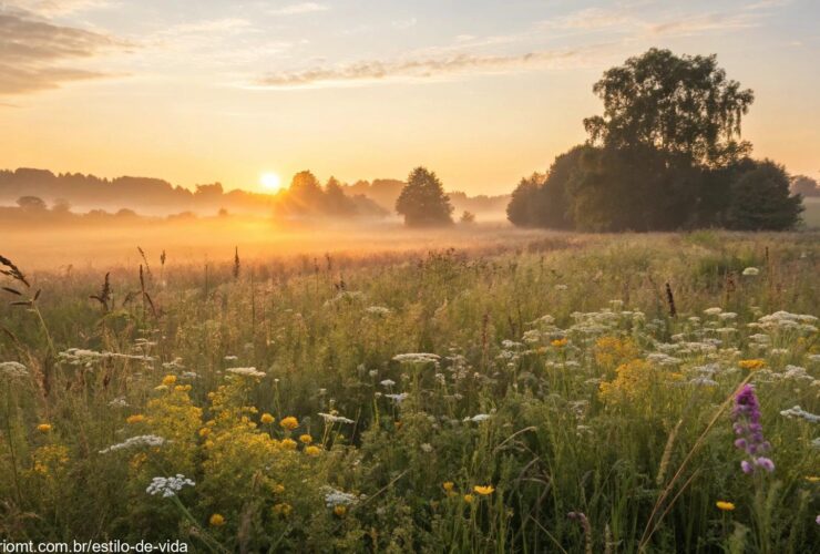 Nascer do sol tranquilo sobre um campo florido, transmitindo paz e inspiração