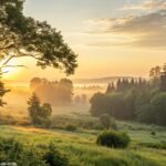 Nascer do sol sereno em uma clareira de floresta tranquila, com luz dourada suave filtrando pelas árvores, criando uma atmosfera de paz e inspiração para o dia