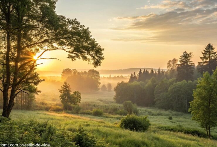 Nascer do sol sereno em uma clareira de floresta tranquila, com luz dourada suave filtrando pelas árvores, criando uma atmosfera de paz e inspiração para o dia