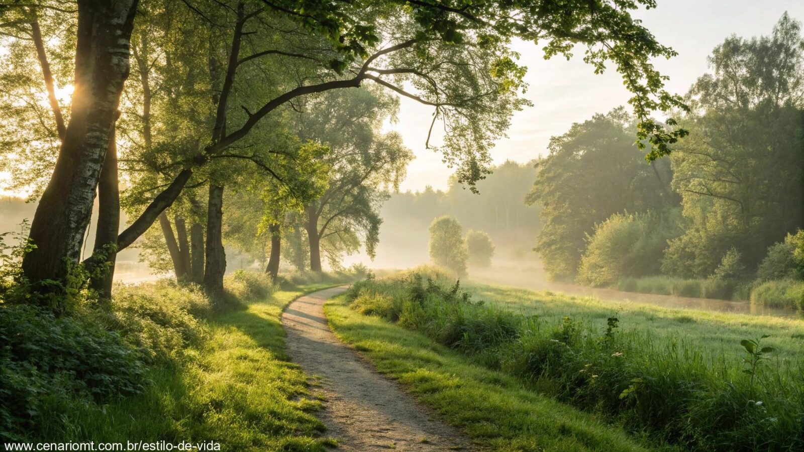 Caminho tranquilo na natureza com luz suave do sol para inspirar o sábado