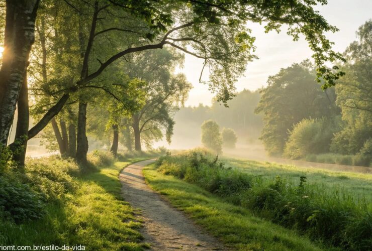 Caminho tranquilo na natureza com luz suave do sol para inspirar o sábado