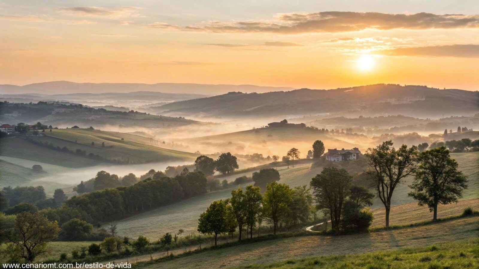 amanhecer tranquilo no campo com luz suave e atmosfera de recomeço