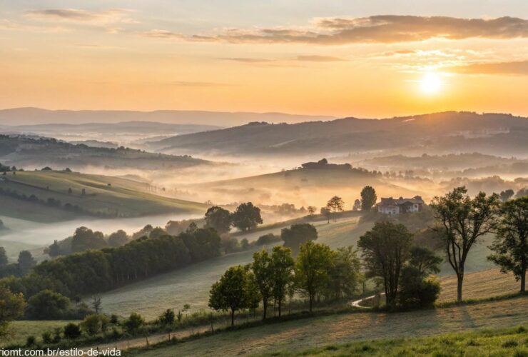 amanhecer tranquilo no campo com luz suave e atmosfera de recomeço