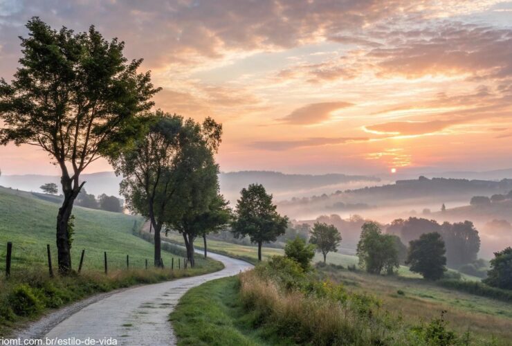 amanhecer sereno em um campo tranquilo com luz suave e natureza pacífica
