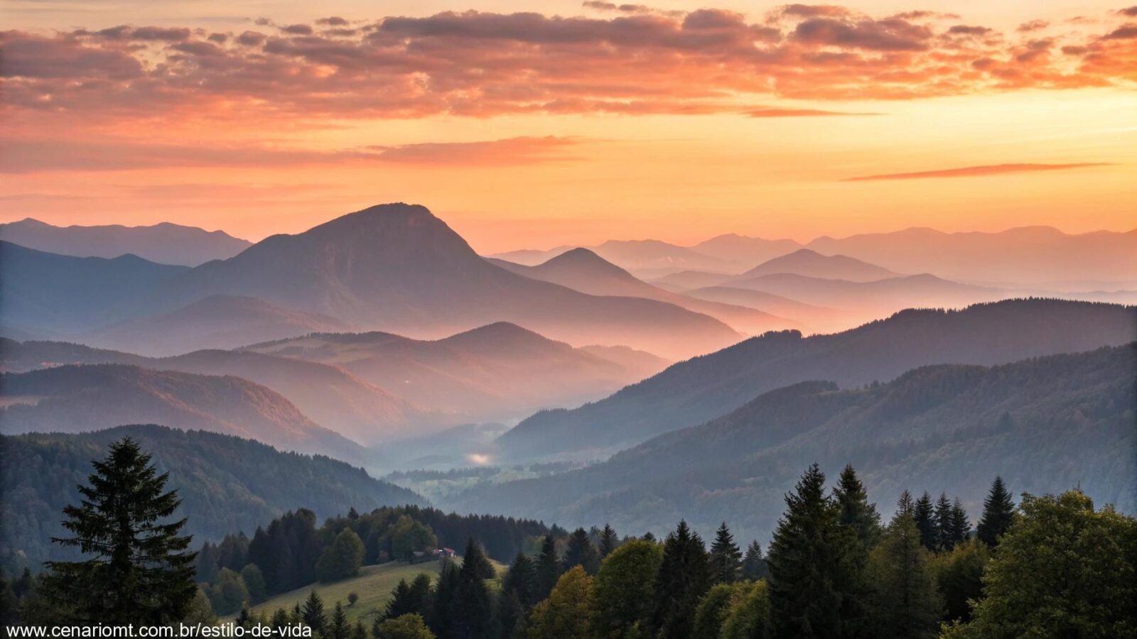 Nascer do sol sereno sobre montanhas calmas simbolizando inspiração e força