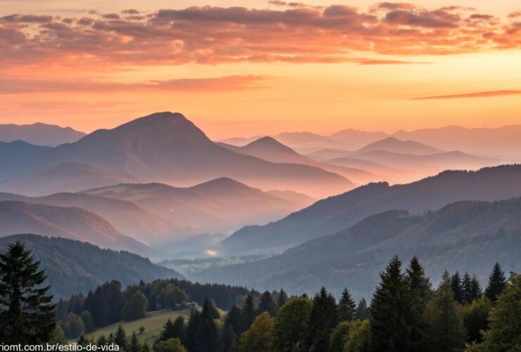 Nascer do sol sereno sobre montanhas calmas simbolizando inspiração e força