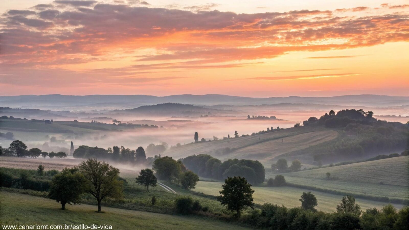 Amanhecer tranquilo no campo com luz suave e névoa leve, representando inspiração, reflexão e fé para começar bem a terça-feira, 13/05/2025.