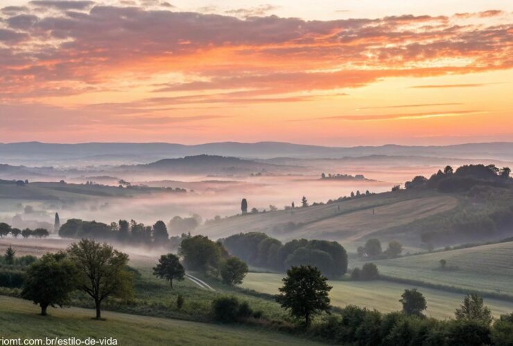 Amanhecer tranquilo no campo com luz suave e névoa leve, representando inspiração, reflexão e fé para começar bem a terça-feira, 13/05/2025.