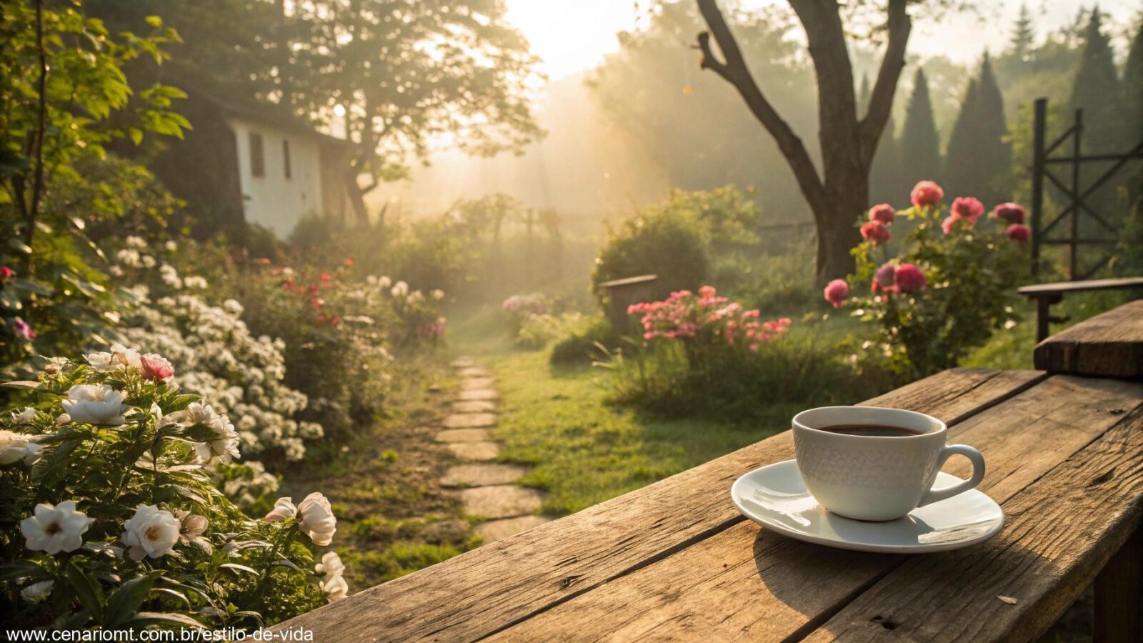 Cena tranquila de manhã de domingo com luz suave do sol entre as árvores, jardim florido e xícara de café sobre mesa de madeira rústica