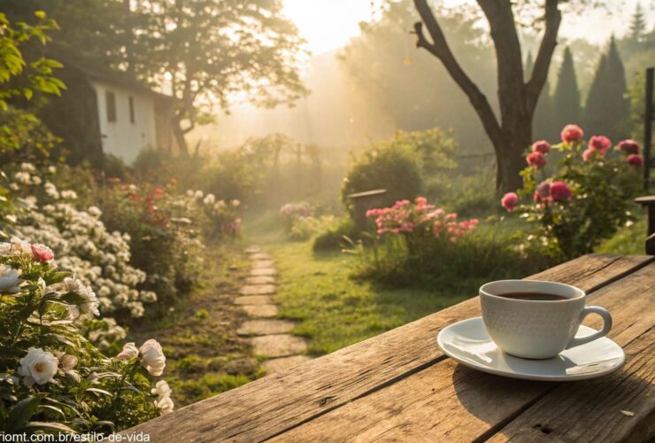 Cena tranquila de manhã de domingo com luz suave do sol entre as árvores, jardim florido e xícara de café sobre mesa de madeira rústica