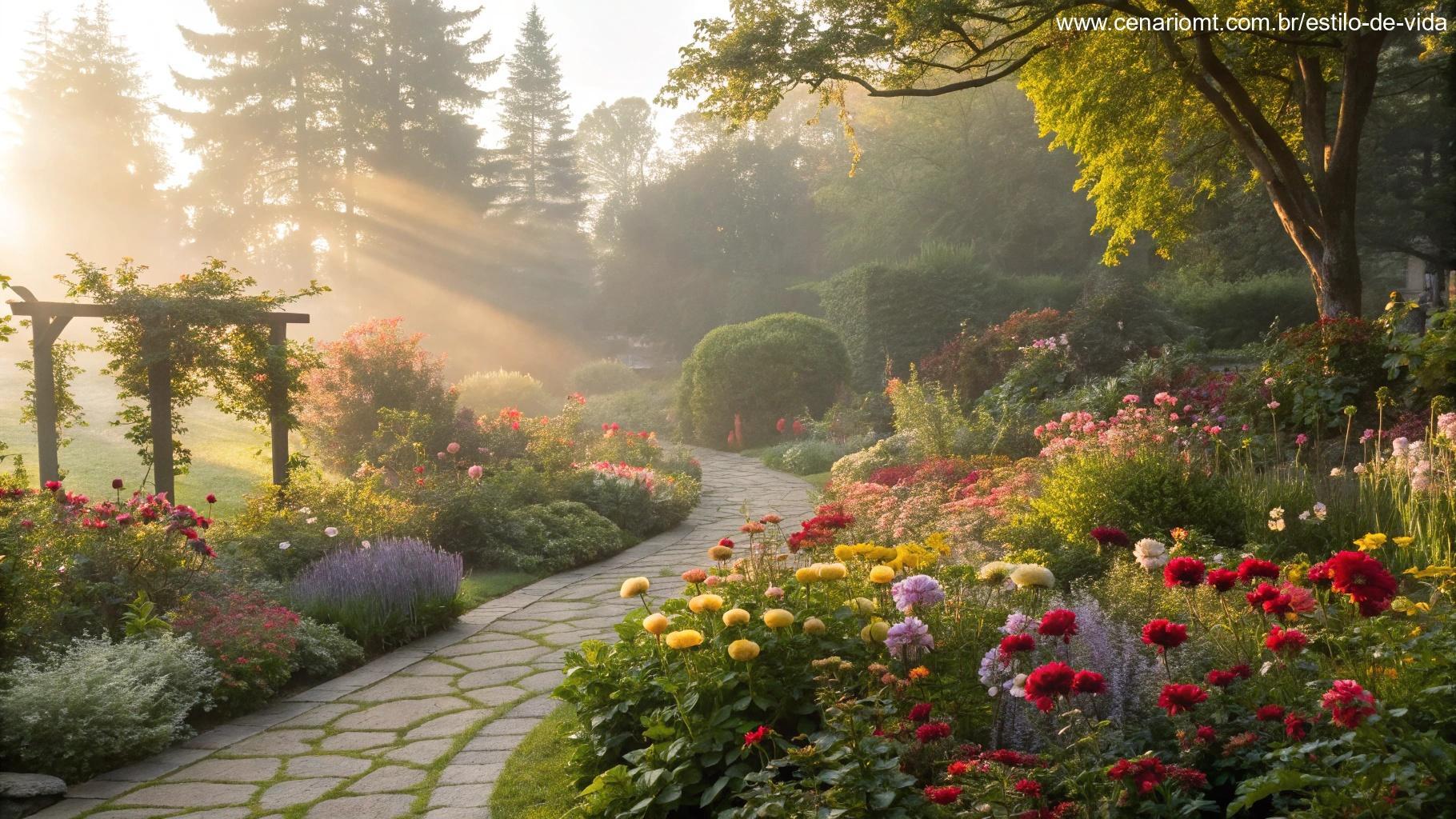 Manhã brilhante e alegre em um jardim florido com flores coloridas e luz suave do sol, ambiente tranquilo simbolizando esperança e energia positiva para um sábado especial
