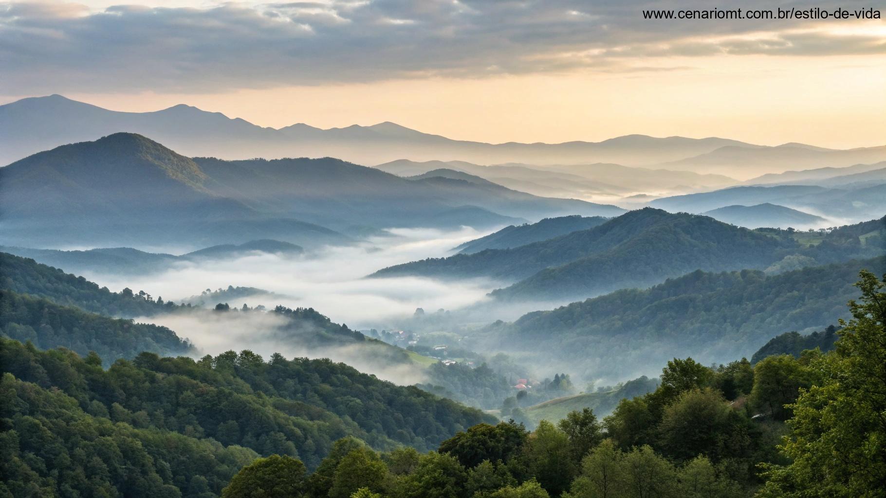 Paisagem montanhosa ao amanhecer, com névoa suave sobre os vales e luz do sol iluminando os picos, simbolizando um novo começo e motivação para a quarta-feira