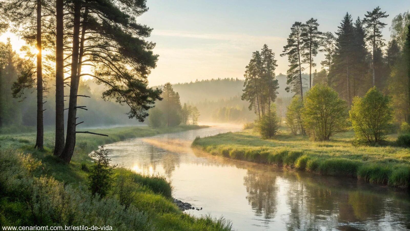 Imagem motivacional de uma paisagem serena, com um rio calmo, árvores altas e luz suave da manhã, simbolizando o início de uma nova semana com energia positiva e novas oportunidades.