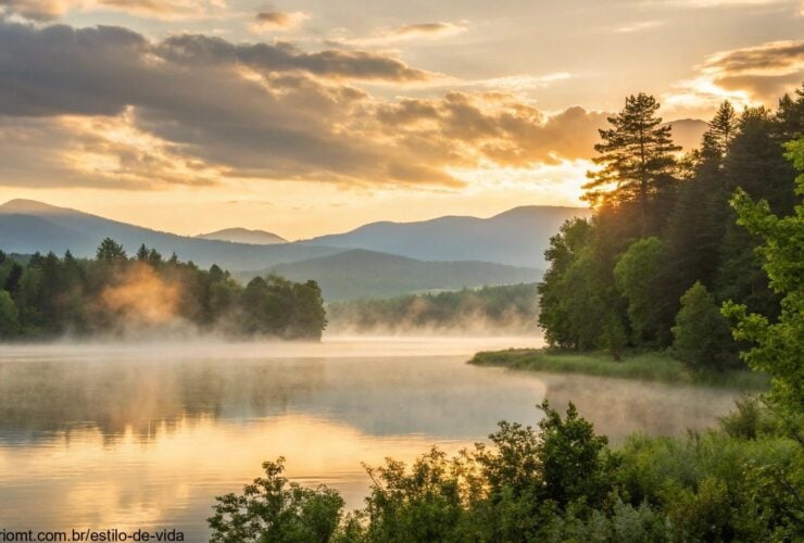 nascer do sol sereno sobre um lago calmo com névoa subindo, cercado por árvores verdes e montanhas ao fundo