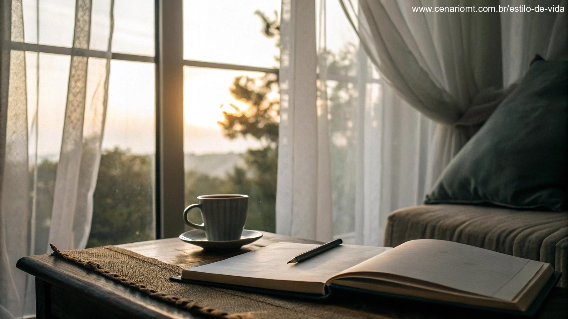 Cena tranquila com uma mesa de café aconchegante perto da janela, luz da manhã atravessando cortinas leves e um caderno aberto com o título 'Mensagem do Dia: uma reflexão para quinta-feira, 15 de maio de 2025'