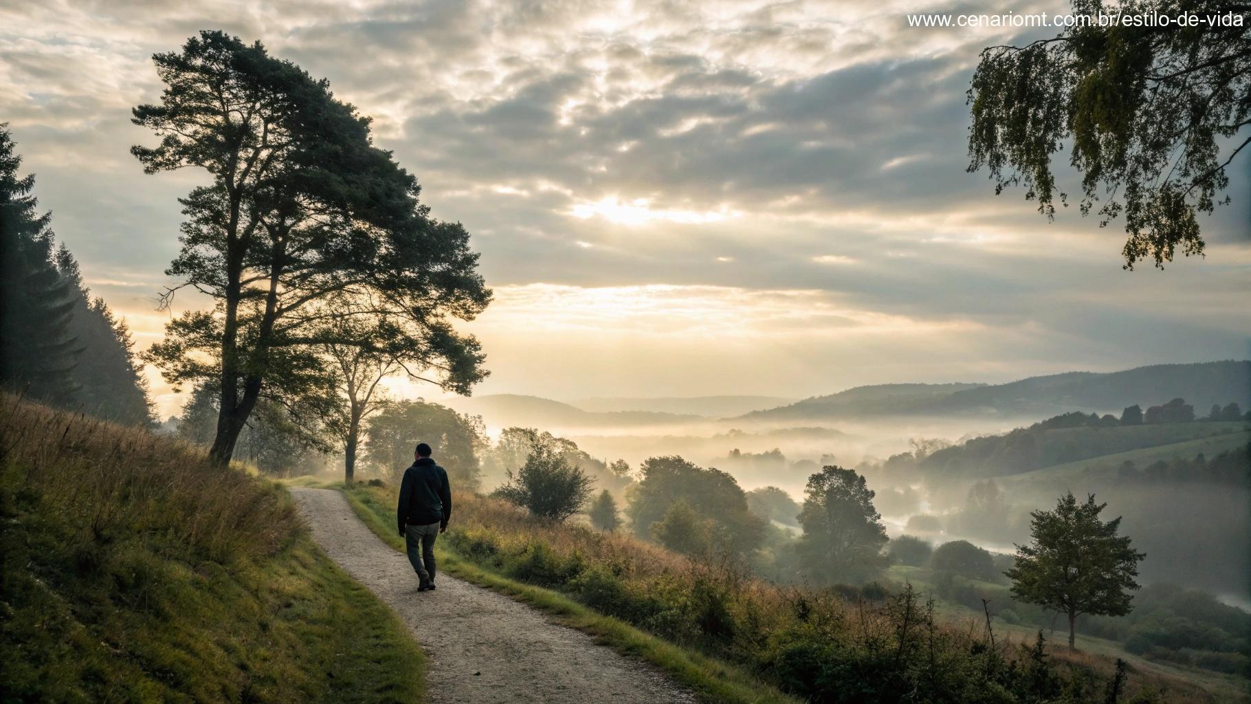 paisagem tranquila com luz suave e uma pessoa caminhando por uma trilha cercada pela natureza