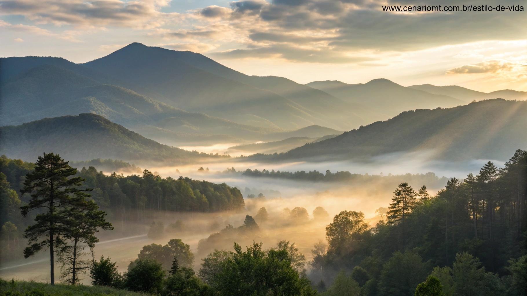 paisagem montanhosa ao amanhecer com névoa suave e luz simbolizando inspiração divina