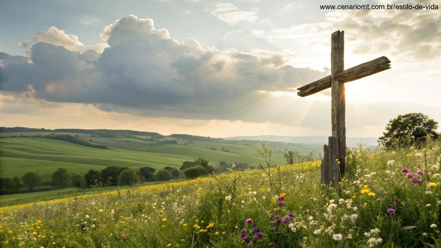 Cruz de madeira rústica em um campo de flores silvestres com a luz do sol brilhando através de nuvens fofas