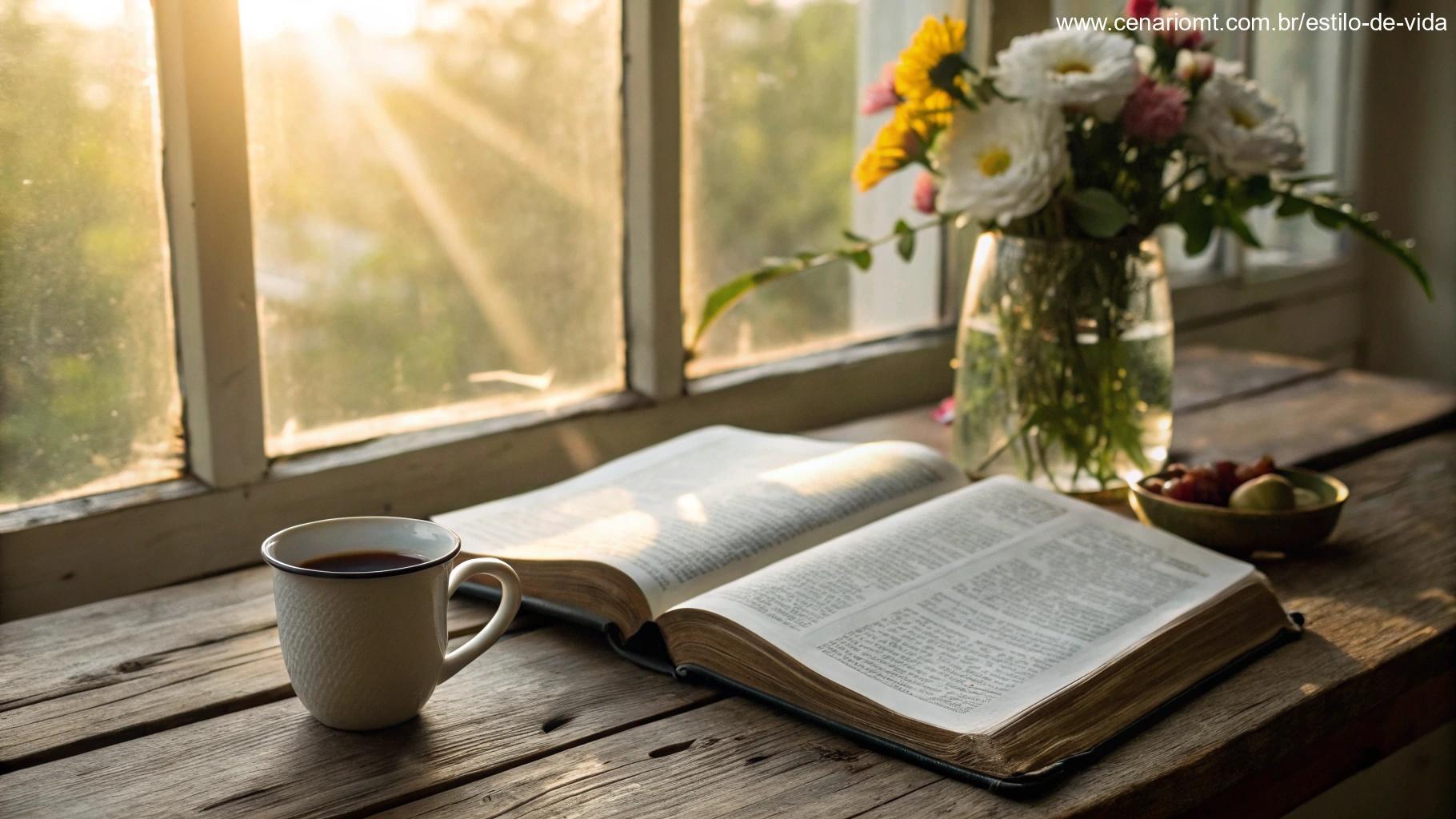 Bíblia aberta em mesa rústica com luz matinal entrando pela janela, xícara de café e flores frescas em vaso simples