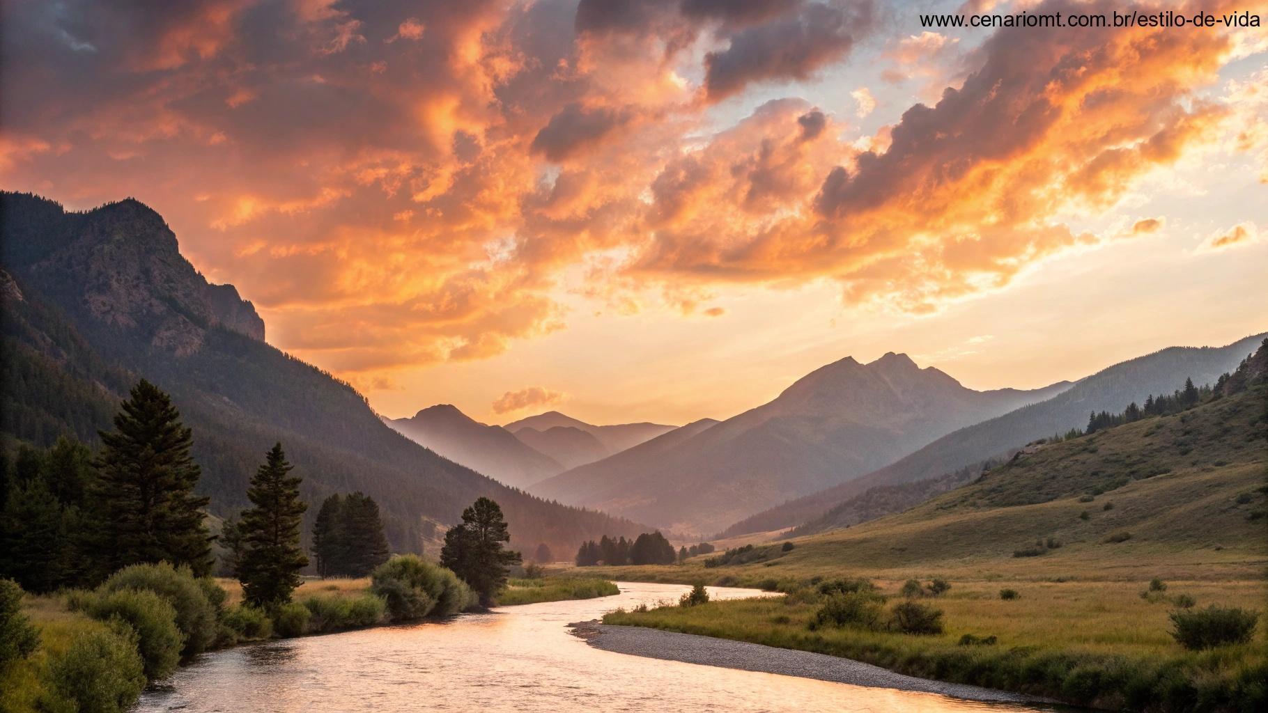 Vale montanhoso ao nascer do sol com céu radiante e natureza serena representando fé e esperança