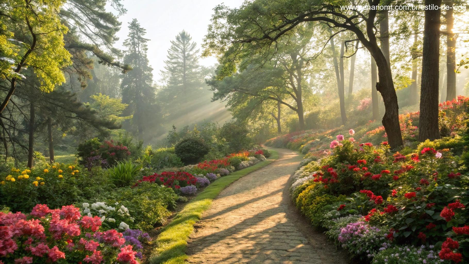 Jardim radiante pela manhã com flores coloridas desabrochadas, luz do sol entre as árvores e um caminho sereno convidando para uma caminhada matinal
