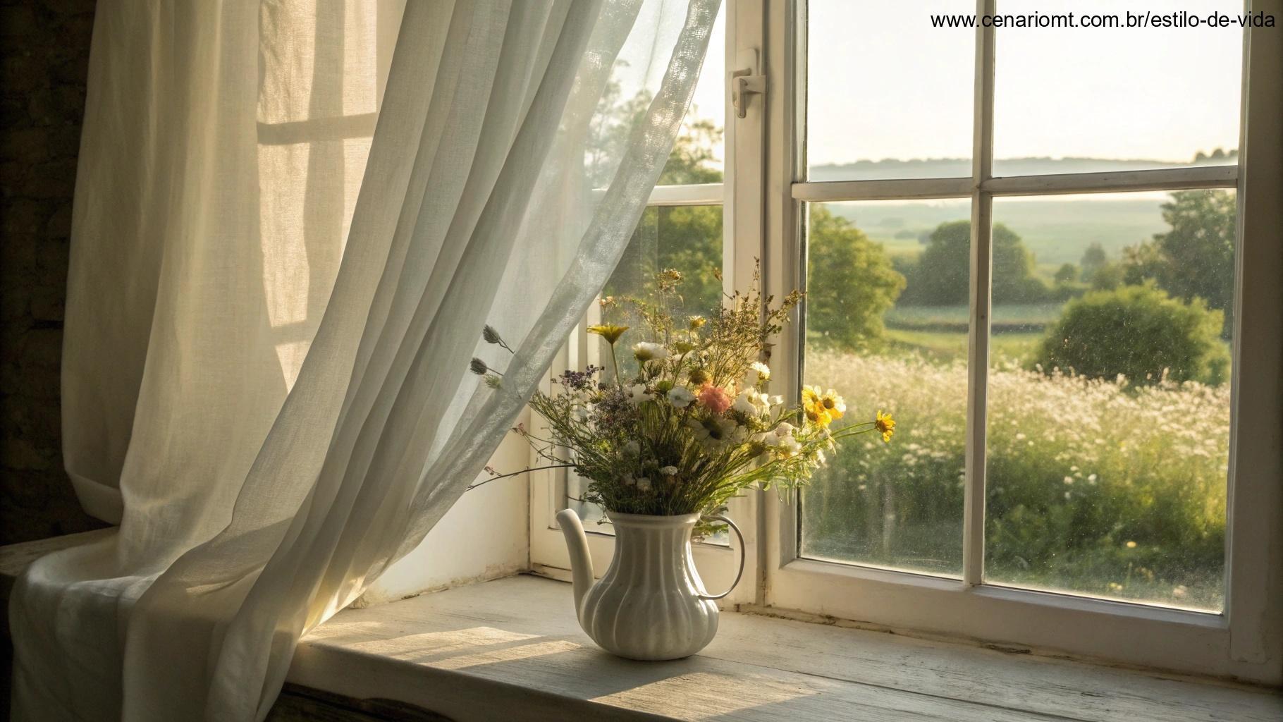 Janela aconchegante com cortinas brancas esvoaçantes, luz do sol entrando e um pequeno vaso de flores silvestres no parapeito