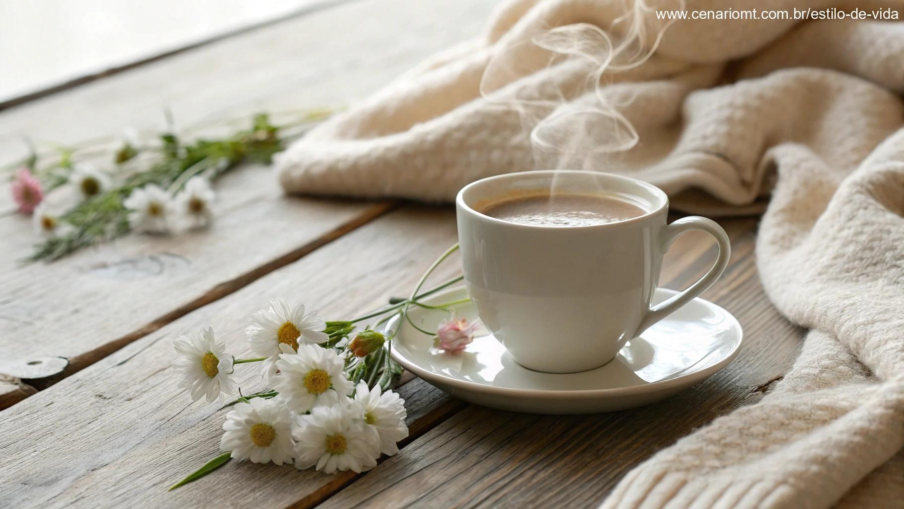 uma xícara aconchegante de café em uma mesa de madeira com vapor em forma de coração, cercada por flores frescas e um cobertor macio