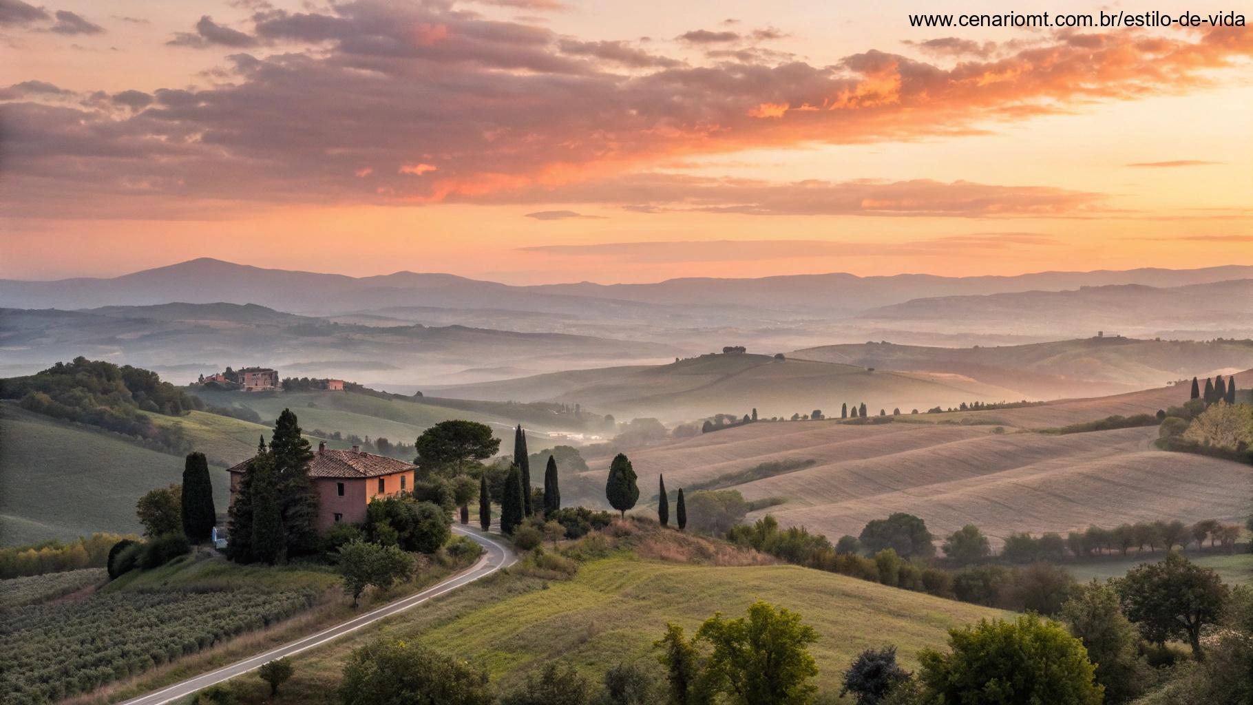 Amanhecer sereno sobre o campo tranquilo, criando uma atmosfera de paz para mensagens religiosas de bom dia.