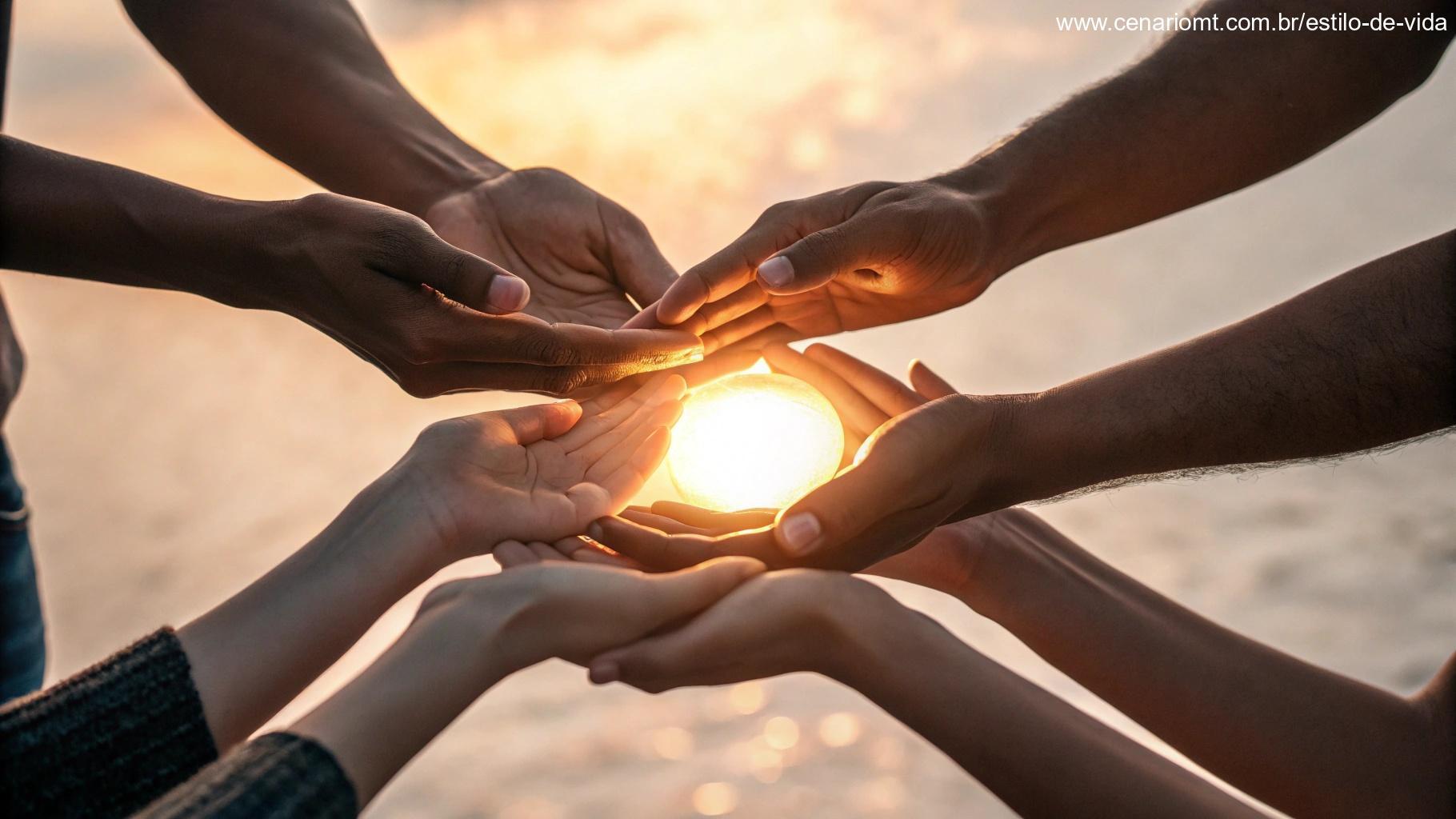 Mãos unidas segurando uma luz suave no centro, envoltas por um brilho etéreo, representando união e fé