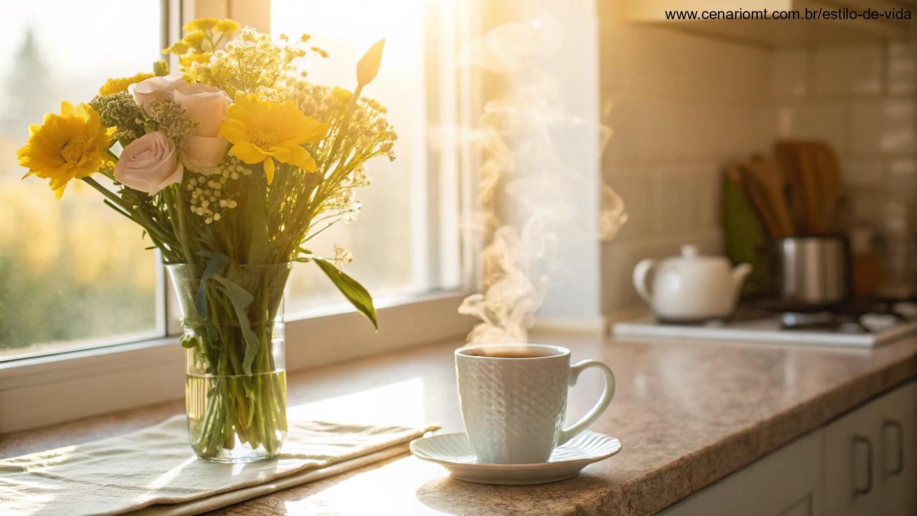 Cena alegre de manhã com luz do sol entrando pela janela, flores frescas em um vaso e uma xícara de chá fumegante no balcão da cozinha, simbolizando esperança e positividade para uma bela quarta-feira