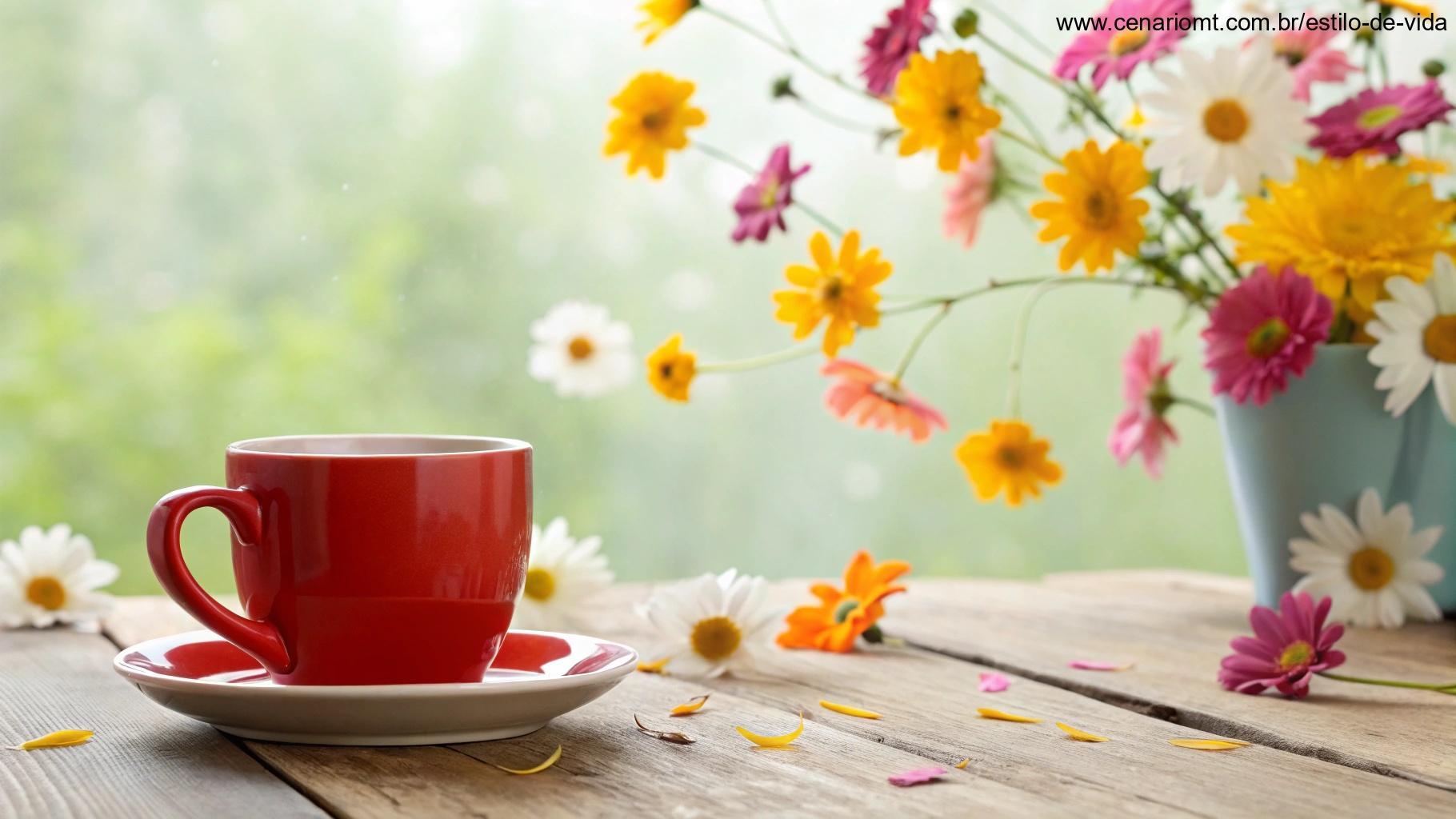 Cena vibrante com uma xícara de café e flores ao fundo, criando um clima alegre e feliz para uma mensagem de Bom Dia no Dia das Mães.