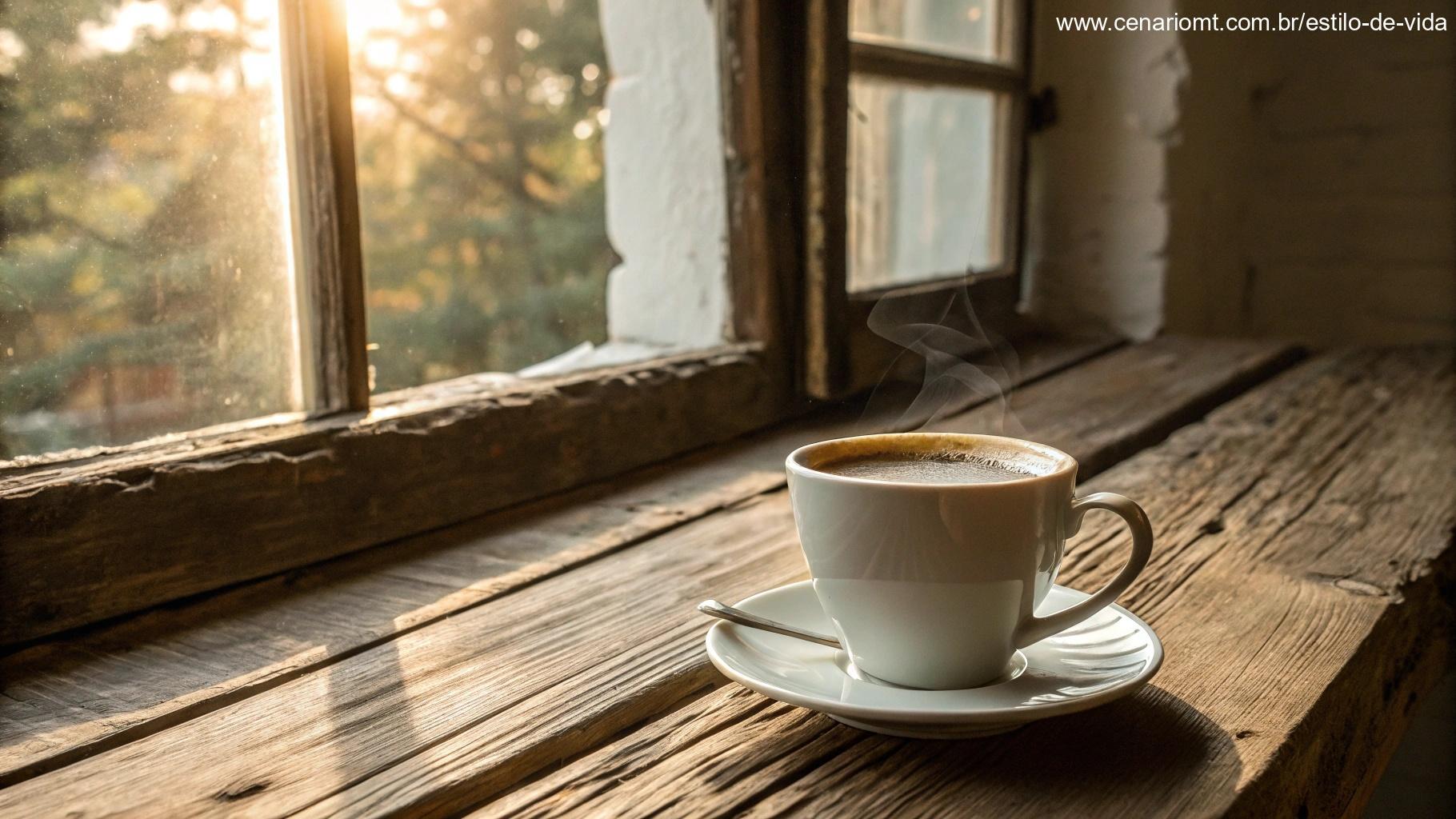 Xícara de café em mesa rústica próxima à janela com luz suave da manhã
