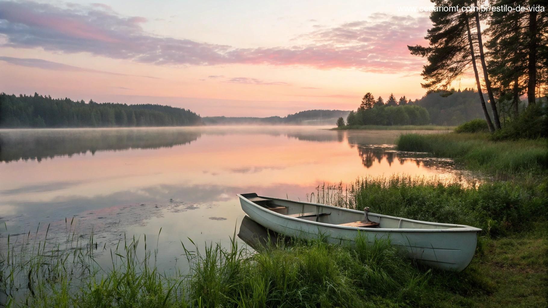 Paisagem serena ao amanhecer com um lago calmo refletindo o céu em tons pastel e um barco a remo na margem