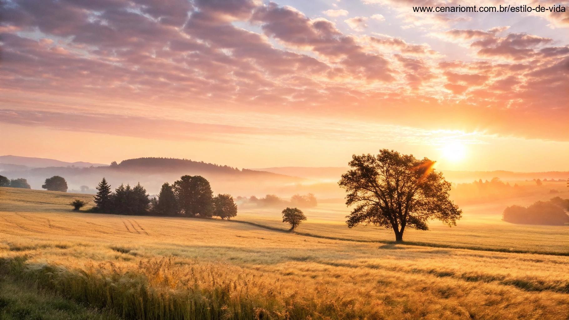 Imagem de uma manhã brilhante e inspiradora, com o sol nascendo sobre um campo