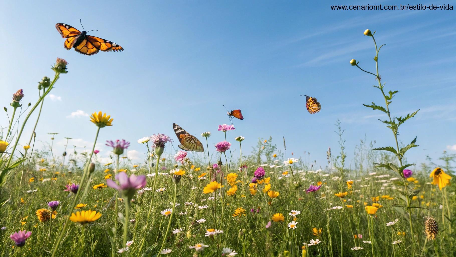 um campo vibrante de flores silvestres sob um céu azul claro, com borboletas voando ao redor, simbolizando uma manhã de terça-feira fresca e alegre