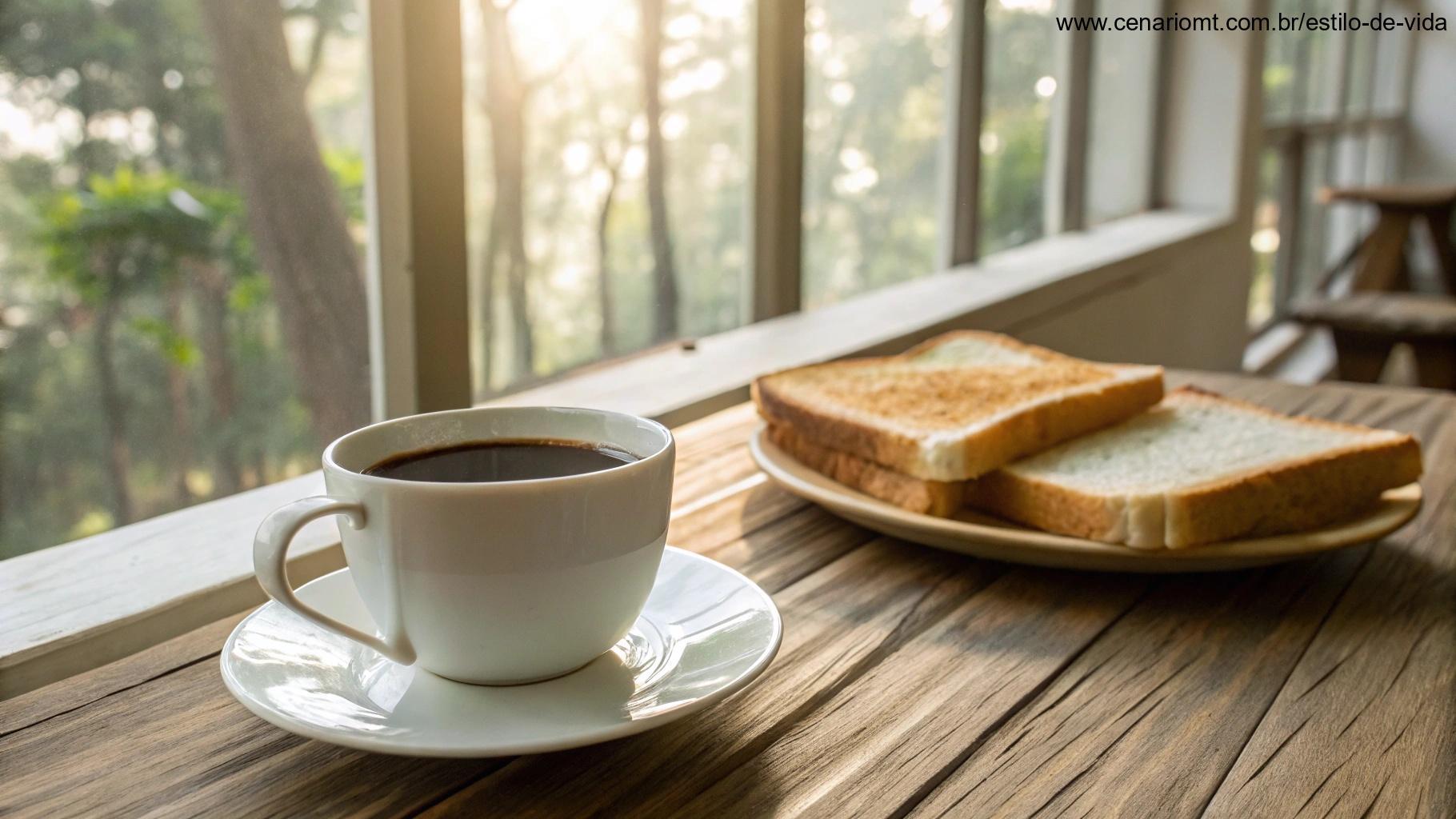 Imagem com um café da manhã simples em um ambiente tranquilo, representando mensagens para diferentes contextos do dia.