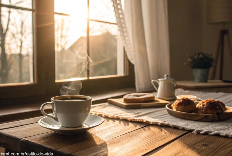 Imagem de uma manhã tranquila com luz suave do sol sobre uma xícara de café e um café da manhã quente sobre uma mesa de madeira.