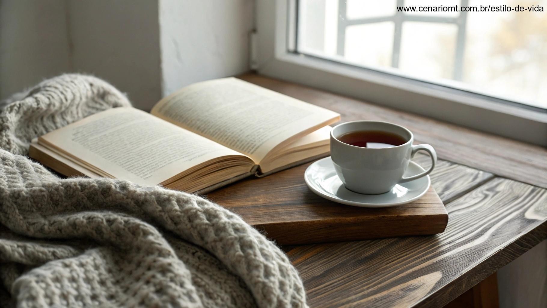 Cena aconchegante com uma manta, livro aberto e uma xícara de chá, transmitindo conforto e esperança.