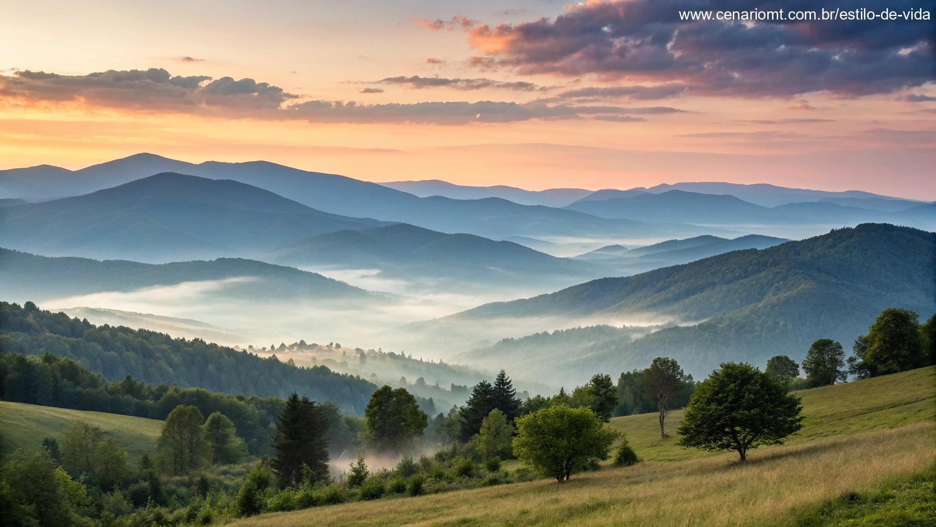 Paisagem montanhosa com céu de nascer do sol e névoa suave sobre as colinas