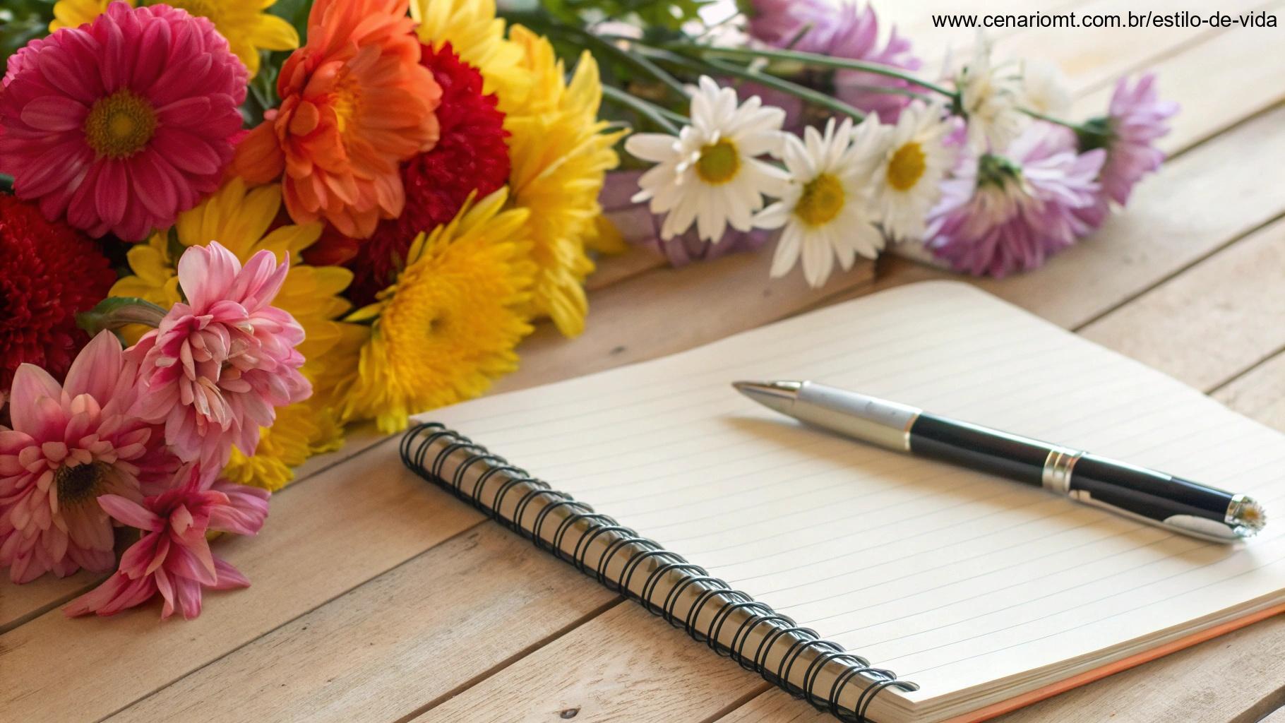 Imagem de uma manhã vibrante com flores coloridas, um caderno e uma caneta, transmitindo energia positiva para começar a quarta-feira.