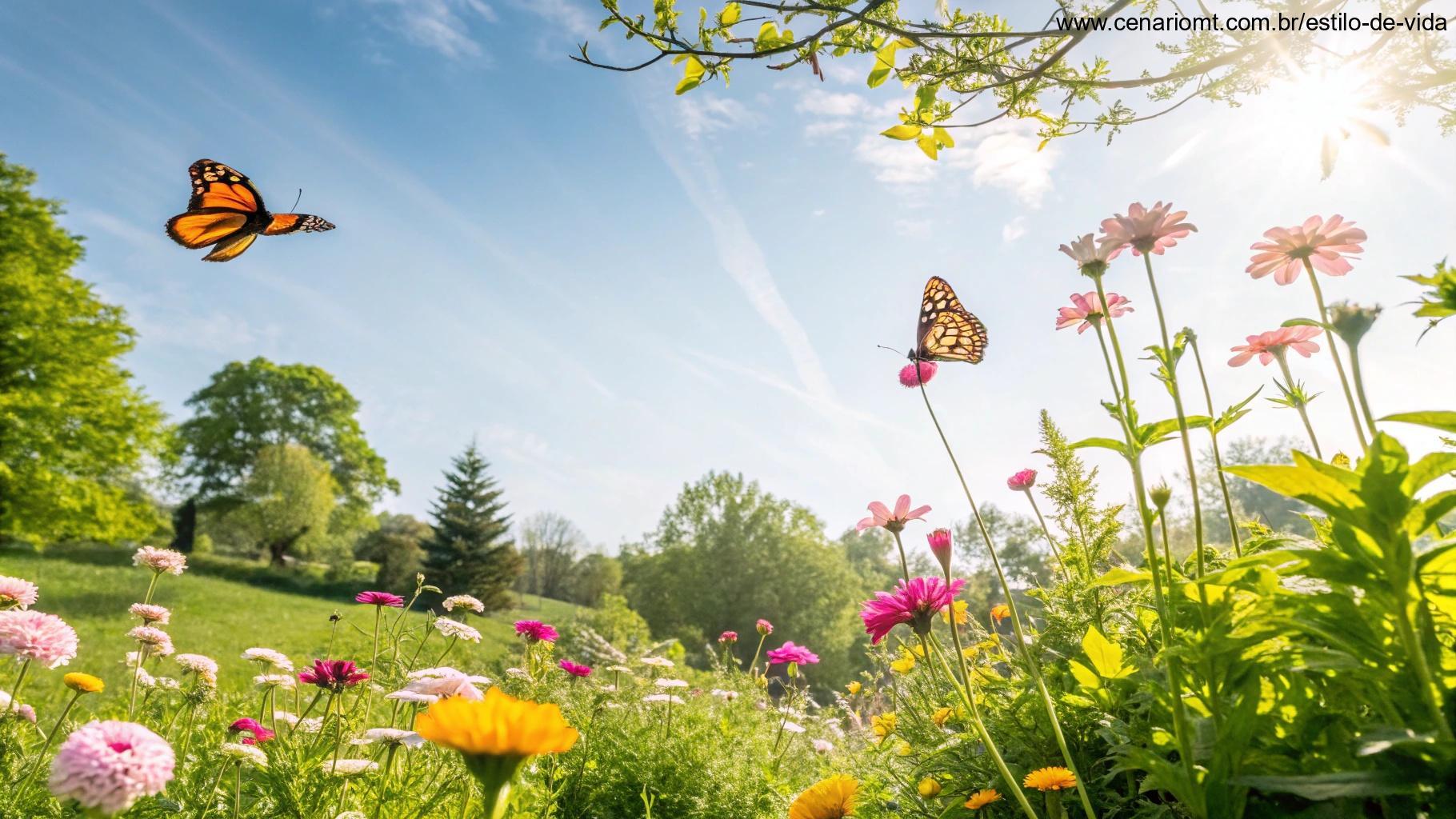 Cenário alegre de sábado de manhã em um jardim florido e ensolarado, representando alegria e novos começos