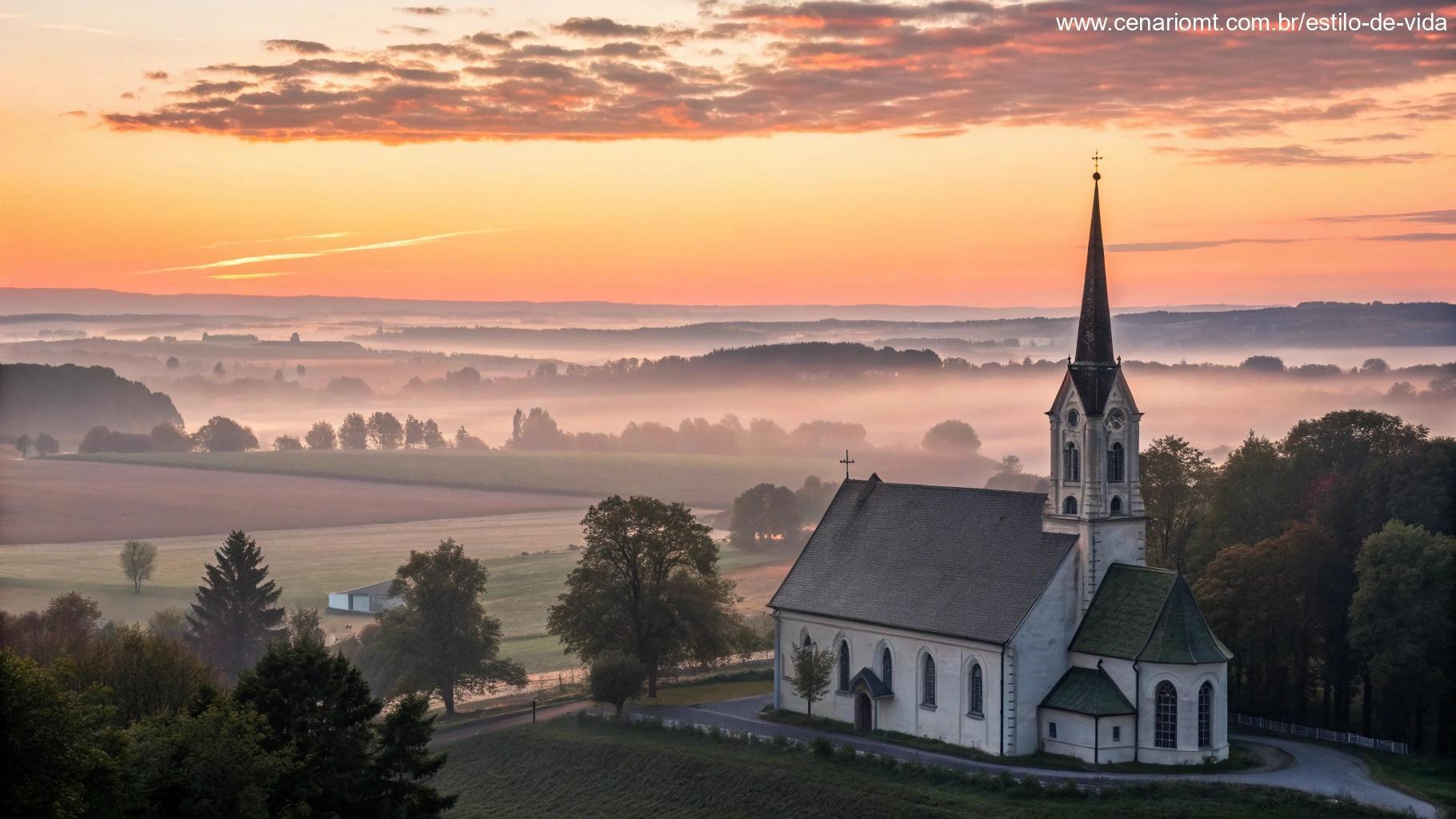 Imagem de um nascer do sol tranquilo sobre uma igreja, simbolizando esperança e fé em um sábado especial.