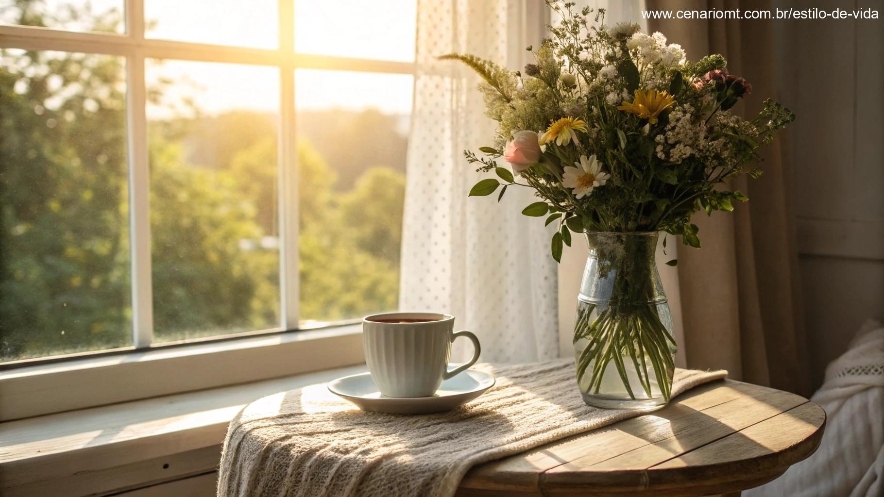 Cenário inspirador com café e flores para compartilhar mensagens no WhatsApp