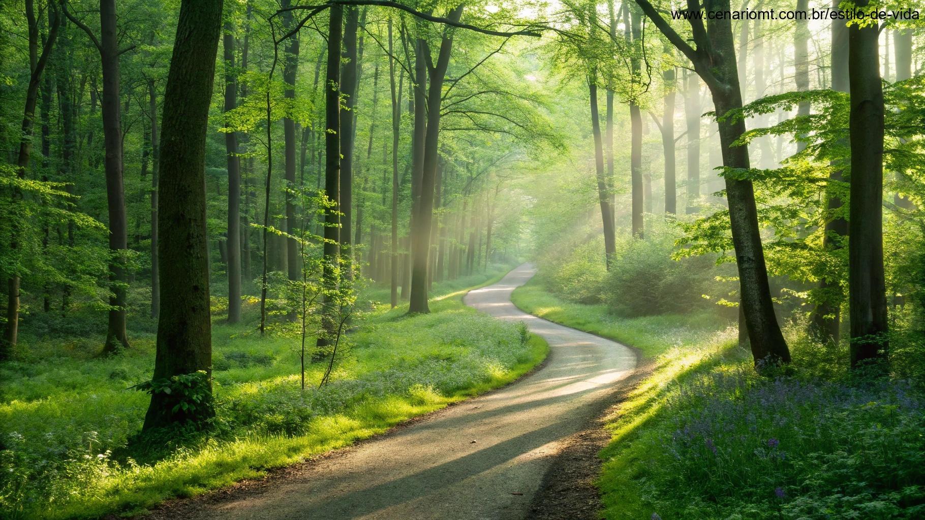 caminho sinuoso em uma floresta verde vibrante com raios de sol passando pelas árvores