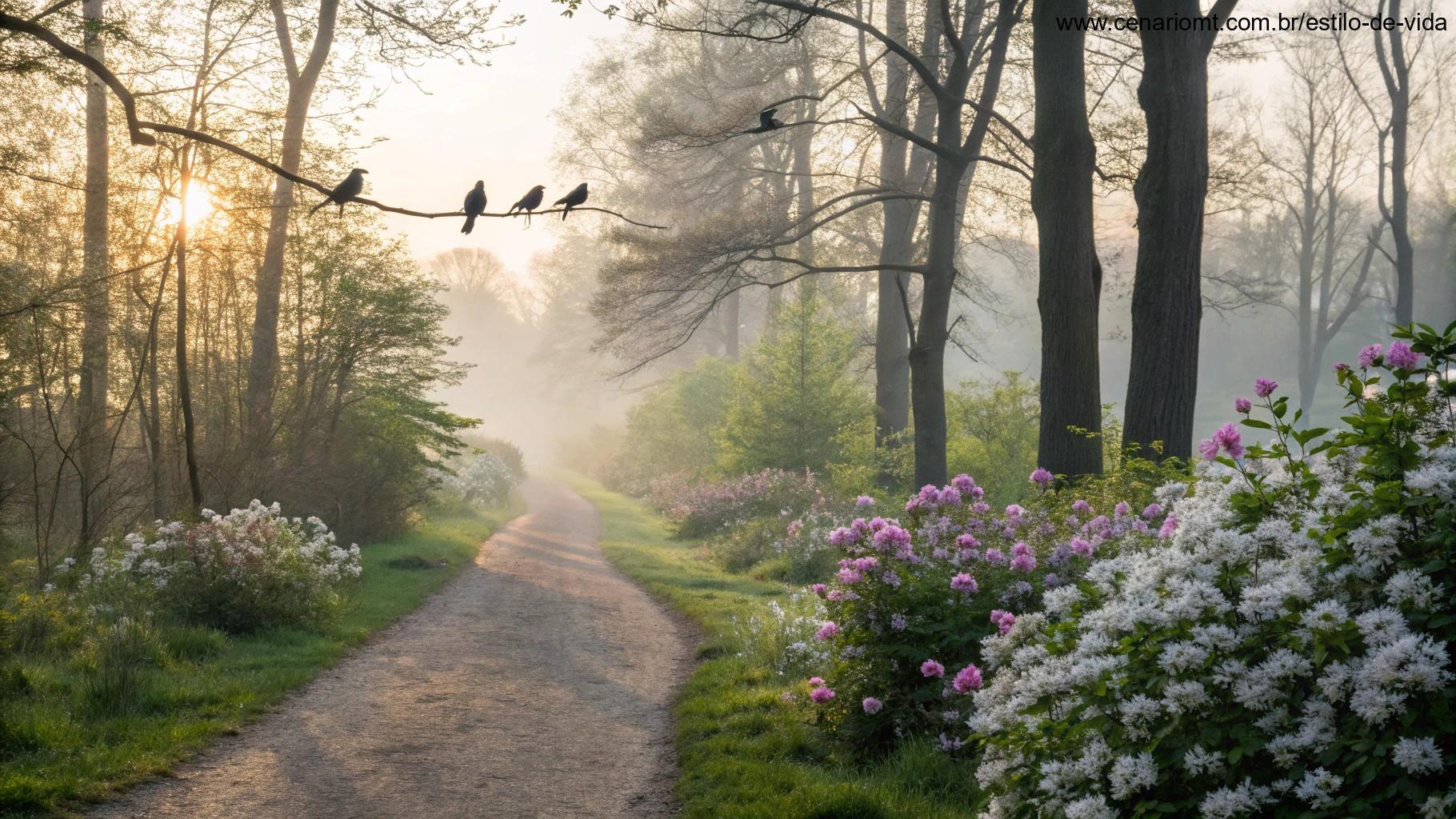 Caminho tranquilo em uma floresta ao amanhecer, com flores e pássaros.