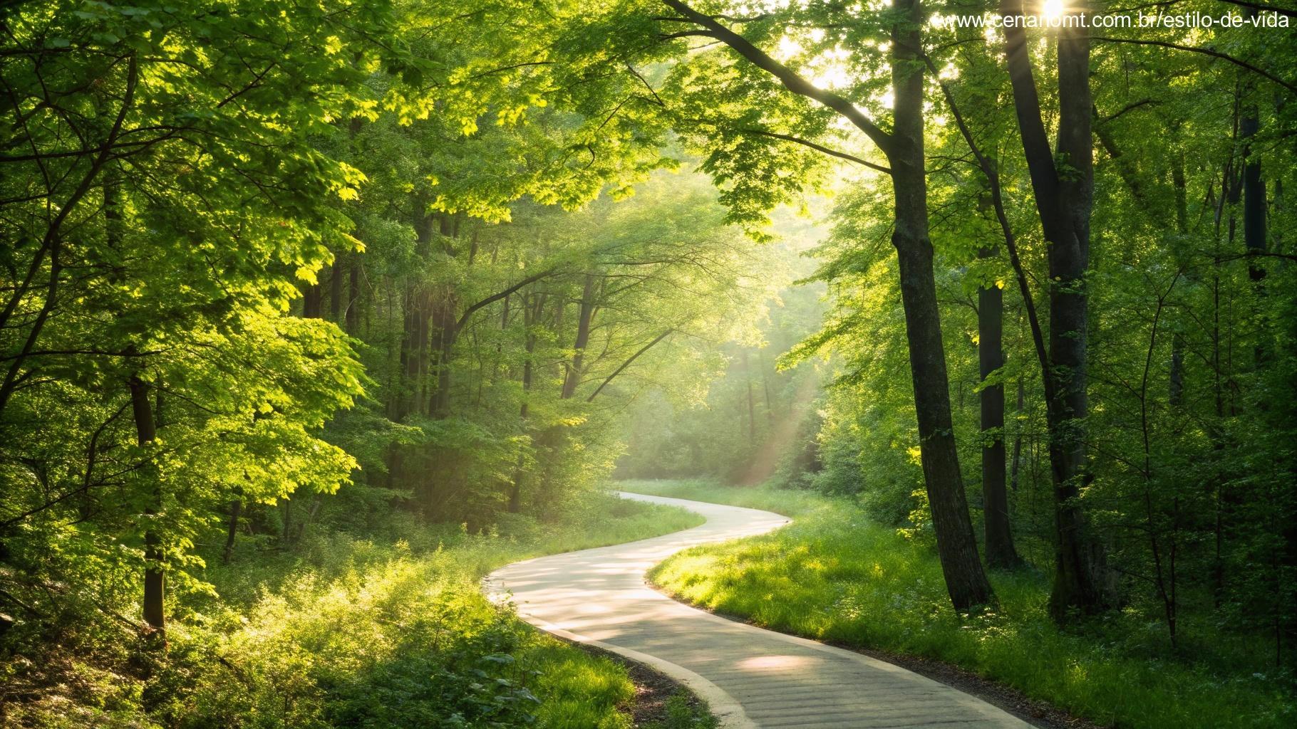 Caminho sinuoso através de uma floresta iluminada com a luz do sol filtrando pelas folhas