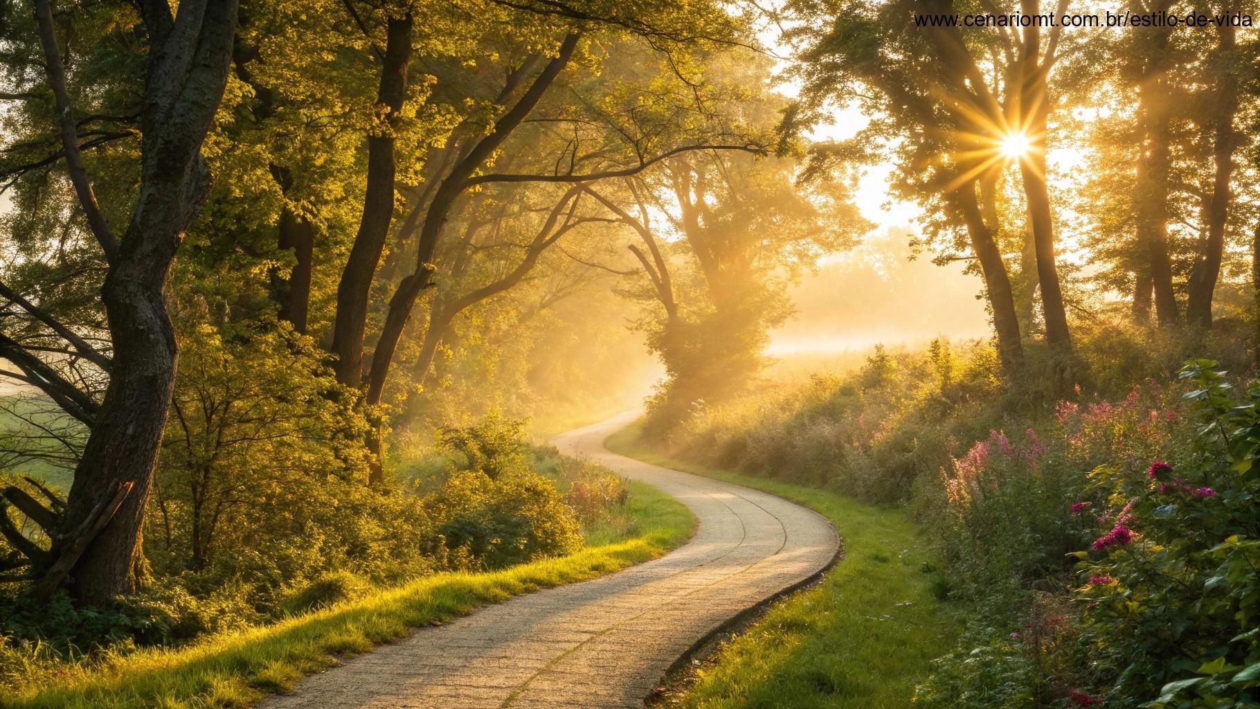 um caminho sinuoso através de uma floresta ensolarada com raios dourados filtrando pelas árvores, levando em direção a um horizonte brilhante
