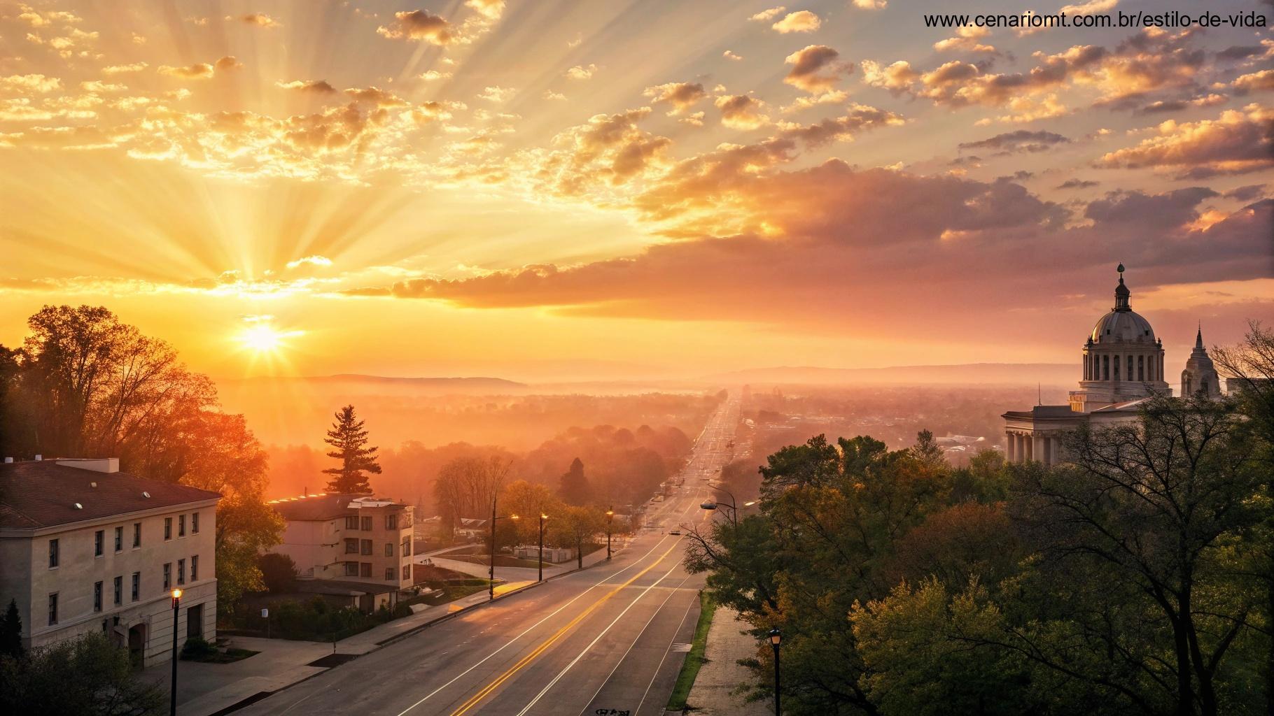 Ilustração artística do nascer do sol sobre uma cidade tranquila, com raios de luz simbolizando esperança e positividade para inspirar sua quinta-feira, 15 de maio de 2025