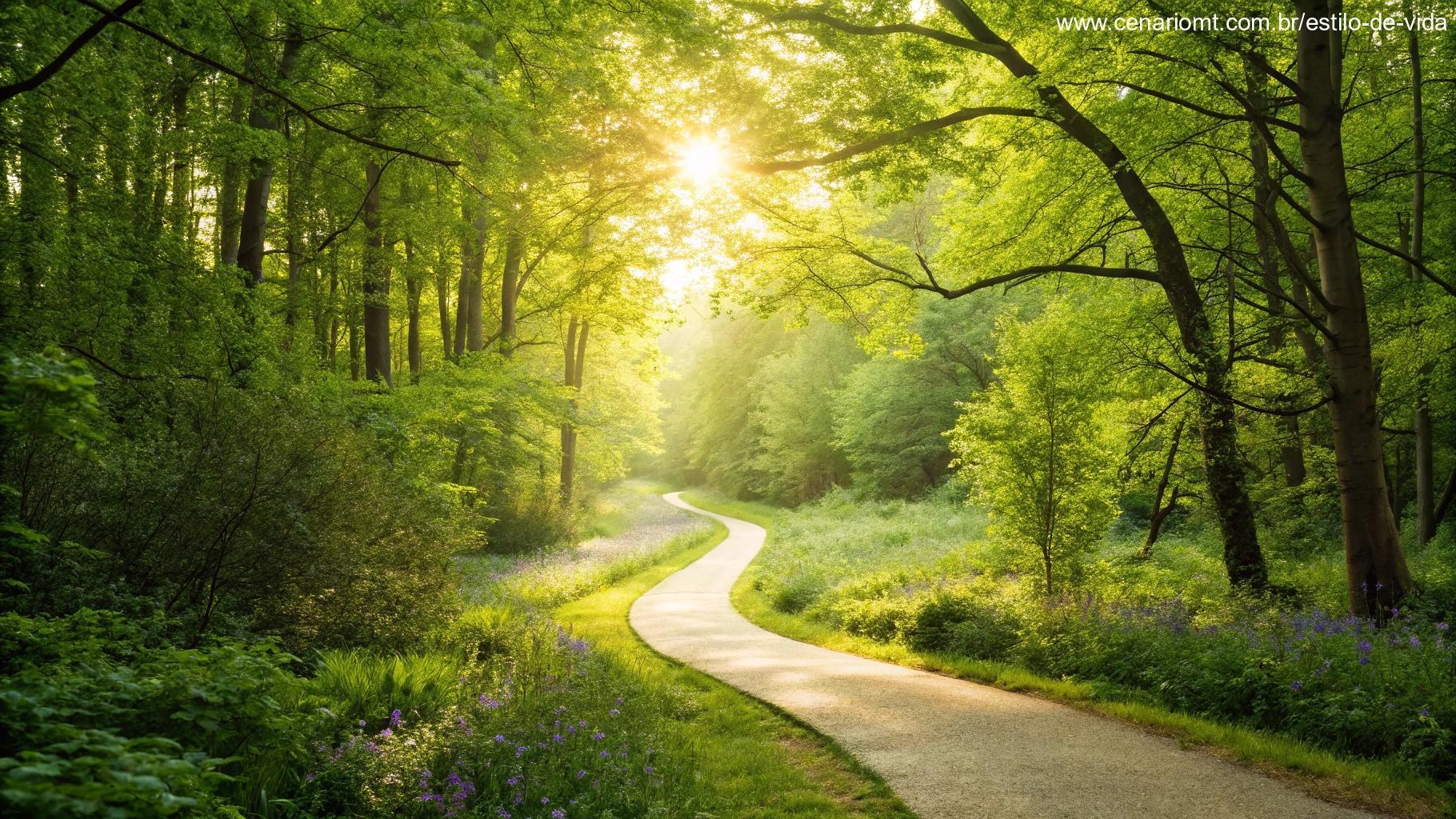 Caminho sinuoso através de uma floresta vibrante com luz do sol filtrando pelas folhas, levando a um horizonte brilhante